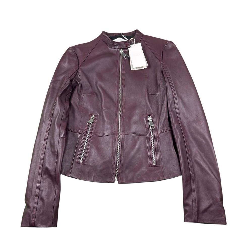 Hugo Boss Maroon Moto Racer Safura Leather Jacket 50400593 Womens Size 2 NWT